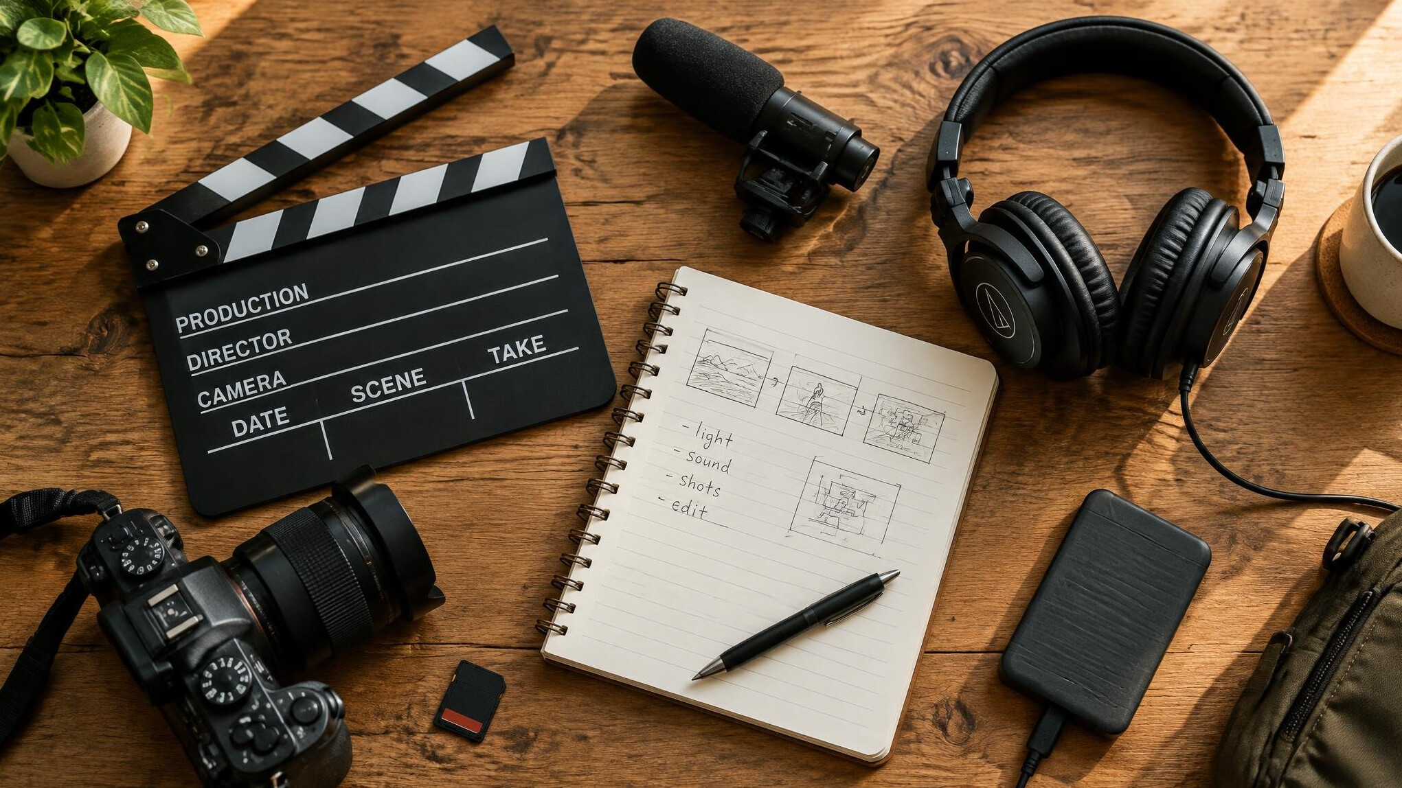 Film equipment and cinema reels on a table