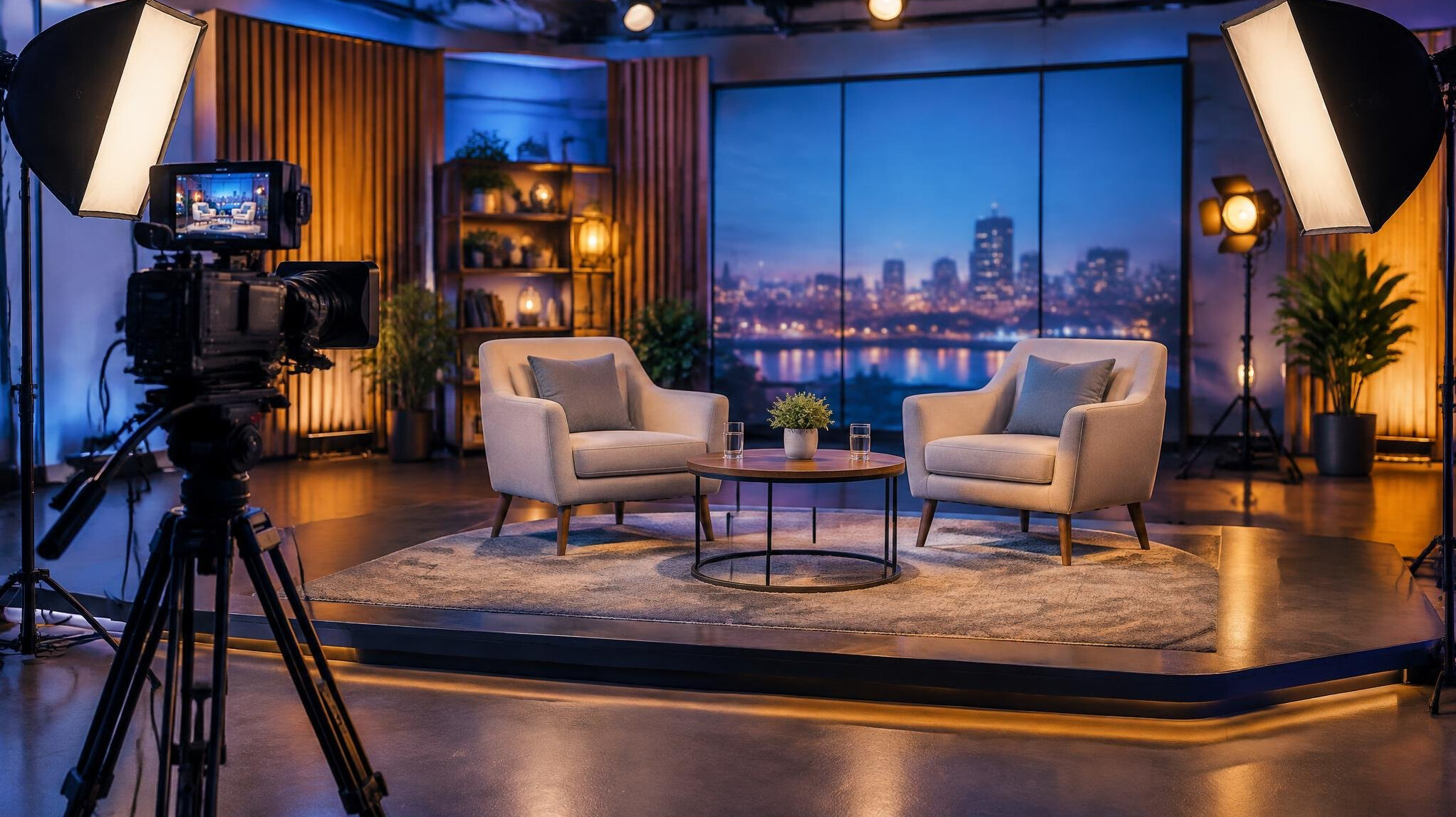 Empty television studio set with a camera on a tripod and soft lights